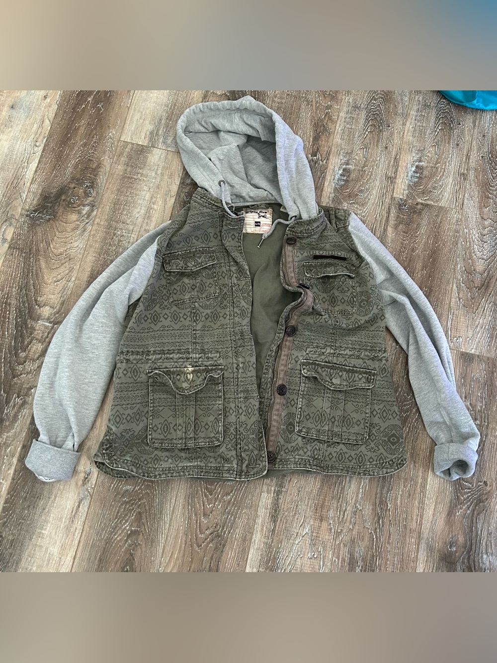 Kids Olive Green Patterned Utility Jacket with Gray Hoodie Sleeves